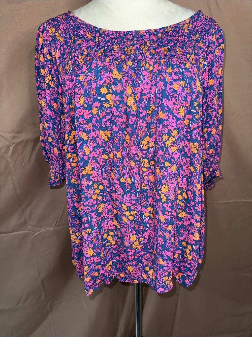 Terra & Sky Purple Floral Smocked Peasant Top with Pink and Yellow Accents- 14W